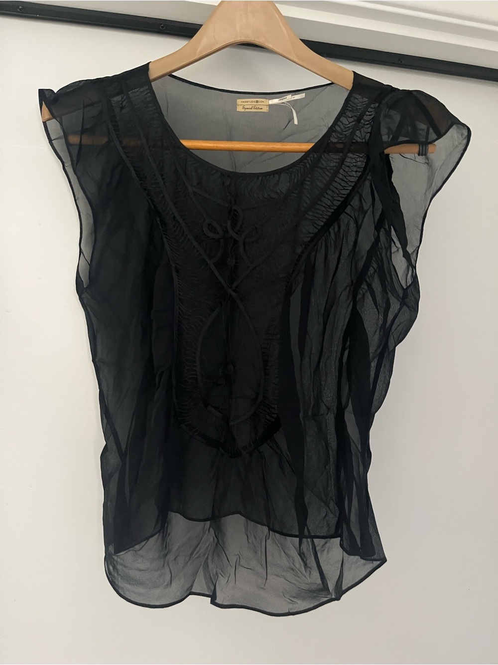Max Studio Black Sheer Embroidered Cap-Sleeve Blouse